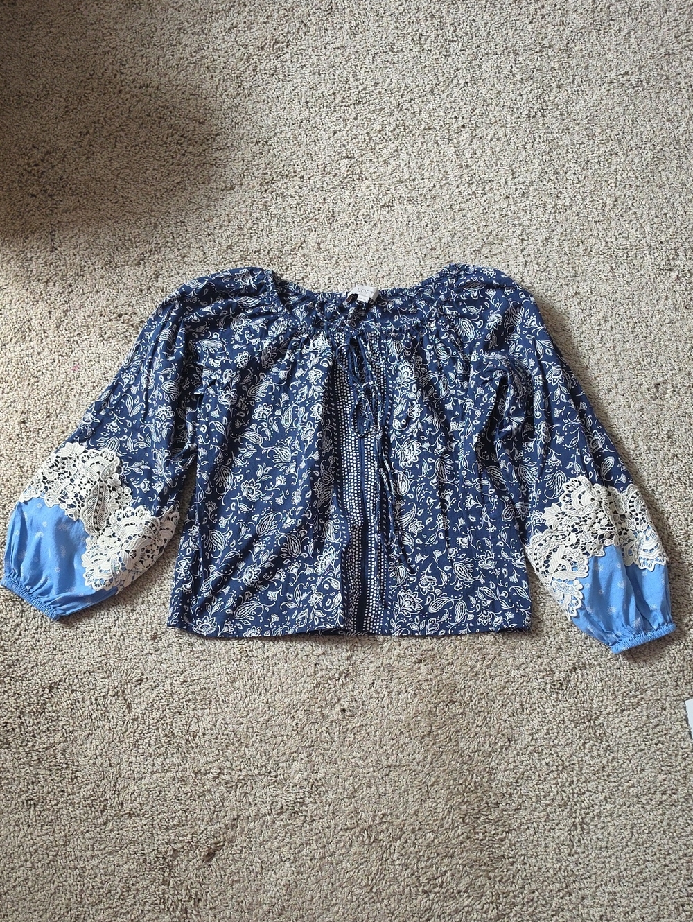 LOFT Cotton Blue Paisley Peasant Blouse with Balloon Sleeves Lace Trim